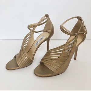 Jimmy Choo Gold Florry Asymmetric Strappy Sandals